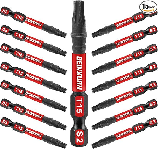 15 Pieces T15 Impact Tough Magnetic Screwdriver Bit Set, 2 In. #15 Torx Head Power Bit Set, S2 Alloy Steel T15 Star Bit Set