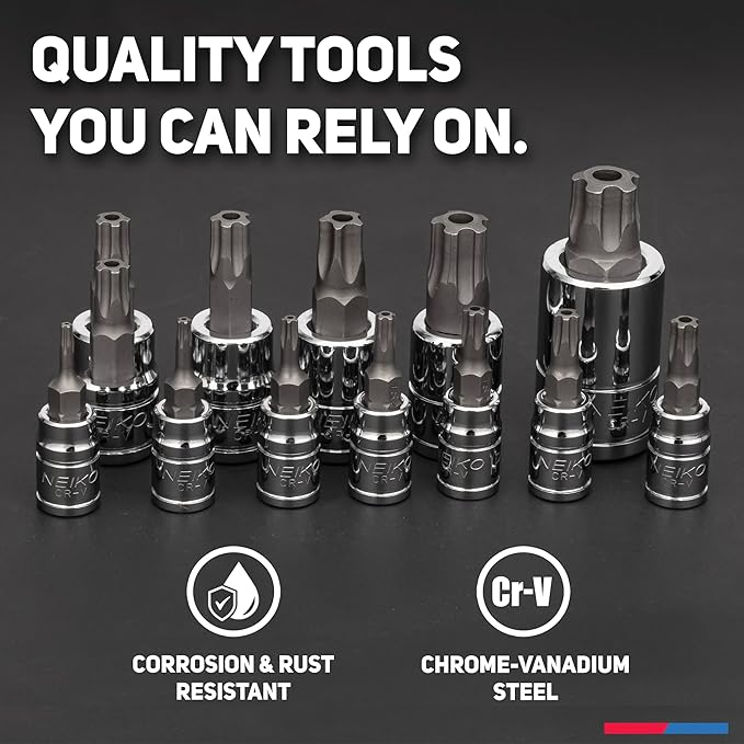 Neiko 10085A Tamperproof Torx Plus Bit Socket Set | 12 Piece | 8 IPR - 60 IPR | 5 Point Star | Cr-V and S2 Steel | High Impact ABS Blow Molded Case