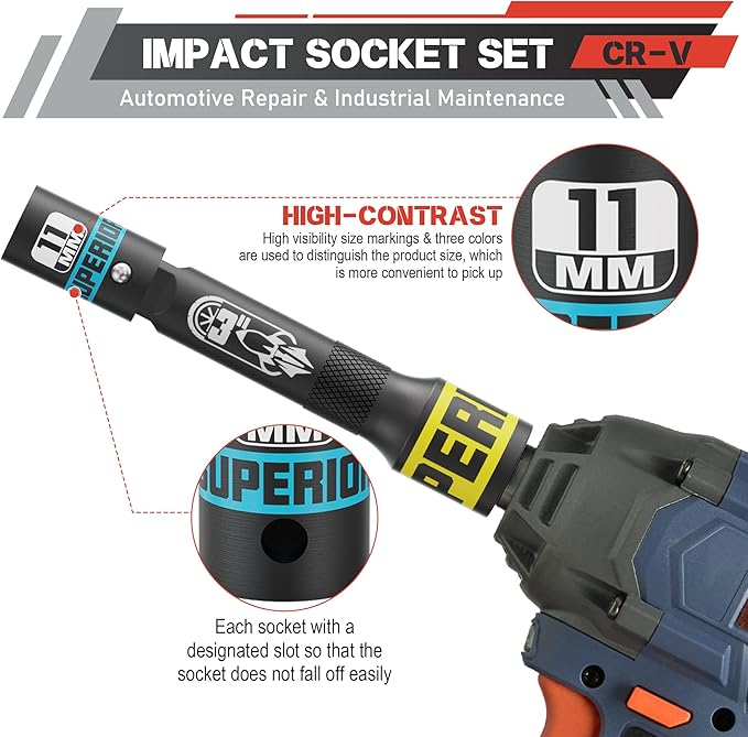 3/8" Drive Impact Socket Set, 50 Piece SAE (5/16"-3/4") and Metric (7 mm-19mm), Deep & Shallow Sockets with Extension Bars, Adapters, for Automotive Repair & Industrial Maintenance