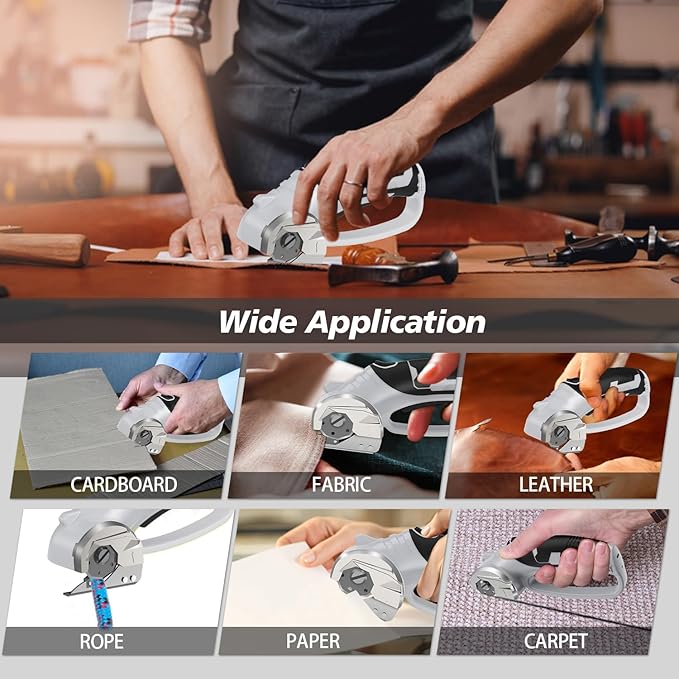 Cordless Electric Scissors, 4V Rechargeable Box Cutter & Cardboard Cutter with Titanium Blade, LED Light, Safety Lock - Rotary Cutter for Fabric, Leather, Carpet, Plastic, Crafting, Sewing (Grey)