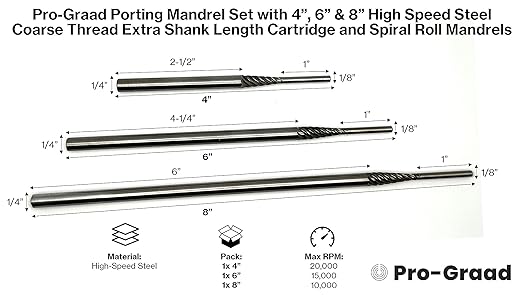 3 Piece Porting Mandrel Set with 4?? 6??& 8" High Speed Steel Coarse Thread Extra Shank Length Cartridge and Spiral Roll Mandrels