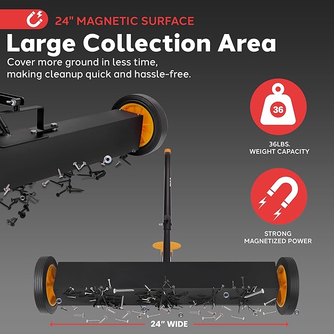 Pyle 24” Rolling Magnetic Sweeper with Adjustable Handle - Strong and Durable Metal Construction, Heavy-Duty Cleaning, Metal Pickup for Industrial and Commercial Use (Black and Orange)