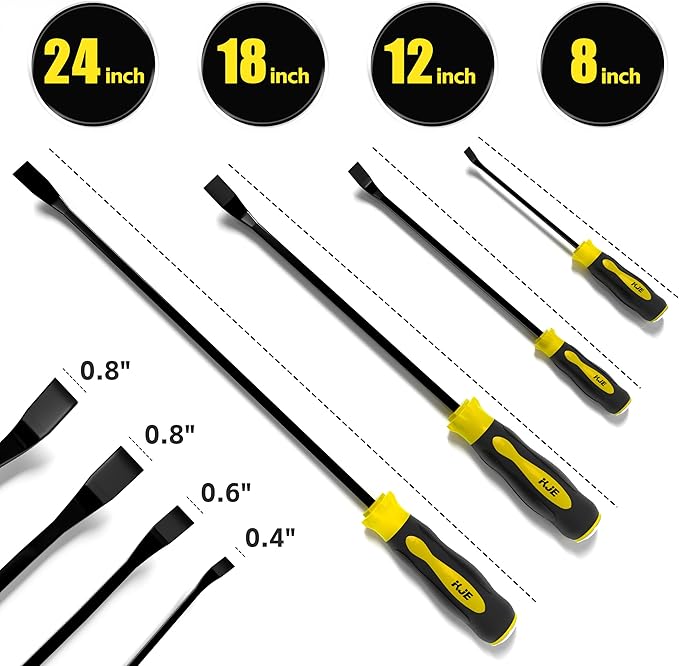 KJE 4-Piece Heavy Duty Pry Bar Set (8",12",18",24") - Automotive Pry Bar set with Strike Cap & Angled Tip for Auto Repair, Demolition & Construction
