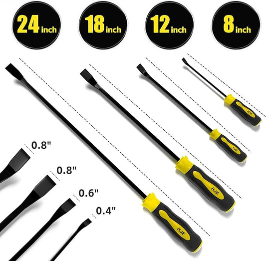 KJE 4-Piece Heavy Duty Pry Bar Set (8",12",18",24") - Automotive Pry Bar set with Strike Cap & Angled Tip for Auto Repair, Demolition & Construction