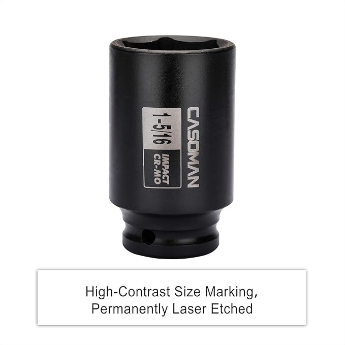 CASOMAN 1/2-Inch Drive 6-Point Deep Impact Socket- 1-5/16'' (SAE), CR-MO, for Axle Shaft Nuts, High-Torque, Corrosion-Resistant