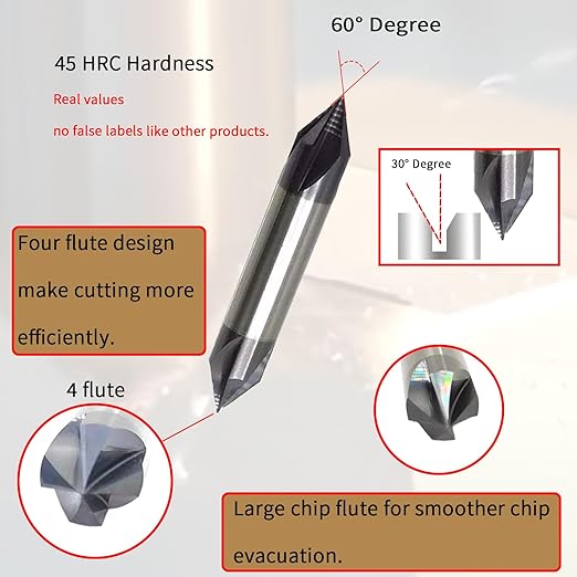 1/2" Carbide Chamfer Mill, 60 Degree, Double End, 4 Flute, Solid Carbide, AlTiN Coated, 3" Overall Length, for Medium Hardness Materials