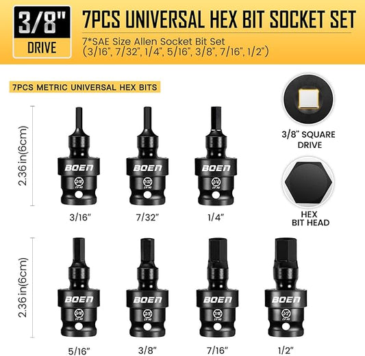 boen 3/8" Drive Universal Hex Bit Socket Set, 7-Piece SAE Impact Swivel Allen Bit Sockets, 360째 Rotation Flexible Wobble Hex Bit Driver Socket Set, With Storage Rail, CR-MO Steel