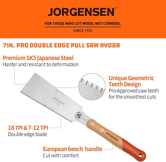 JORGENSEN Japanese Pull Saw RYOBA, 7 Inch Pro Double Edge, SK5 Flexible Blade, 18 TPI & 7-12 TPI Teeth, Woodworking Hand Saw for Hardwood & Softwood, Wood Trim