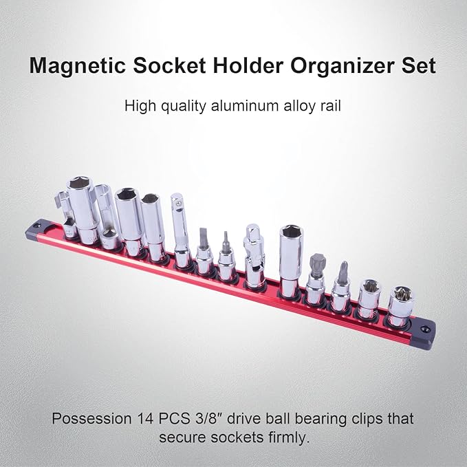 Magnetic Socket Holder Organizer Set:3/8-Inch Drive Socket Trays Socket, 360째 Swivel 14 Clips Socket Holder Kit, For Automotive Mechanic Garage (Red)