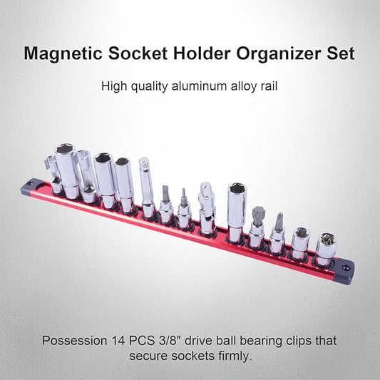 Magnetic Socket Holder Organizer Set:3/8-Inch Drive Socket Trays Socket, 360째 Swivel 14 Clips Socket Holder Kit, For Automotive Mechanic Garage (Red)