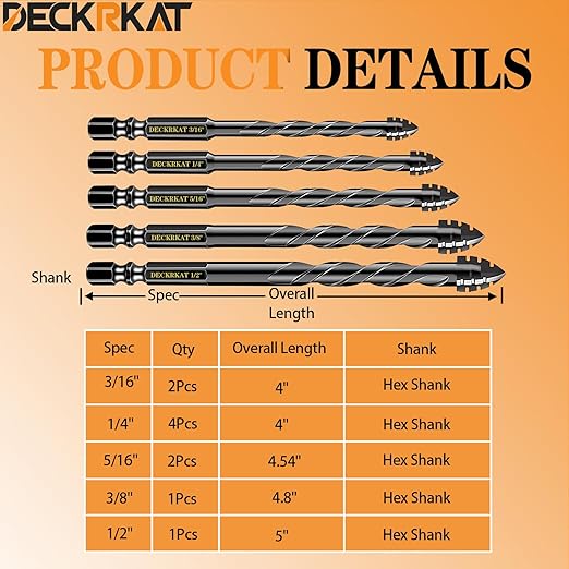 DECKRKAT Upgraded Black 4-Flute Serrated Masonry Drill Bit Set - 10-Piece Set (3/16" to 1/2") for Concrete, Tile, Glass, Brick, Ceramic, Plastic