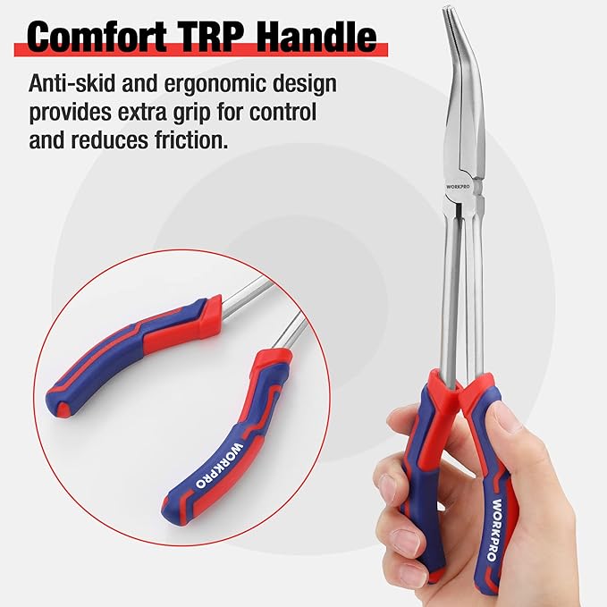 WORKPRO 3PC Long Reach Pliers Set, 11 Inch Extra Long Needle Nose Plier Set Includes Straight, 90째 & 45째 Bent Nose Plier, Pliers Tool Set for Narrow Spaces