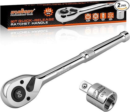 HORUSDY 1/2" Drive 90T Quick-Release Ratchet Handle, Reversible Chrome Alloy Socket Wrench with 1/2" to 3/8" Adapter, Durable and Comfortable for Automotive, DIY, Industrial and Bicycle Repairs