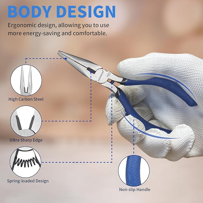 KAIHAOWIN 6-Piece Tool Set with Case, 8.8??Long Nose, Slip Joint Pliers,5??Needle Nose, 5" Flush Cutter, Rubber Mallet for Repairing & Home Use