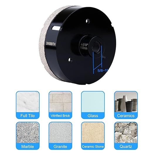 DKIBBITH 4-5/16 in Dry Diamond Core Drill Bit, Tile Hole Saw for Ceramic Porcelain Granite Quartz Marble Tiles Stone Brick Glass Block with 5/8-11 Thread Fit Angle Grinders, 110mm Black