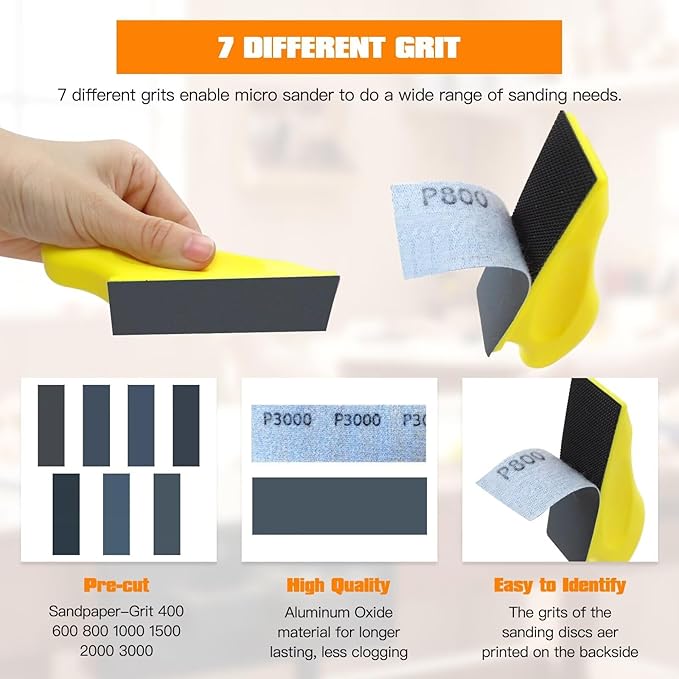 Micro Detail Sander Paper Kit WITH 70xWet Dry Sandpaper-Grit 400 600 800 1000 1500 2000 3000,3.5?쓝 1?쒱and Sanding Block with Hook and Loop Sanding Strips for Wood Metal Glass Surface