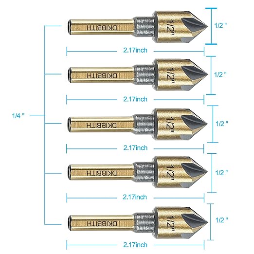 Countersink Drill Bit Set, 5 Pieces High Speed Steel 82 Degree 5 Flute 6mm Round Shank Mill Cutter Bit Countersink in Sizes 1/2" Set with Carrying Case.