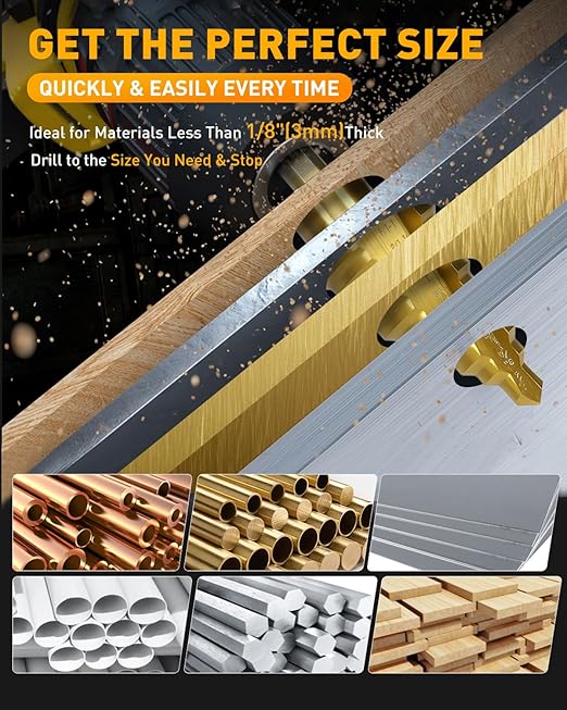 COMOWARE Step Drill Bit for Metal, Titanium Coated, Double Cutting Blades, High Speed Steel, Short Length Drill Bit, Total 10 Sizes from 1/4??to 1-3/8", for Steel Sheets Aluminum Copper Plastic Wood