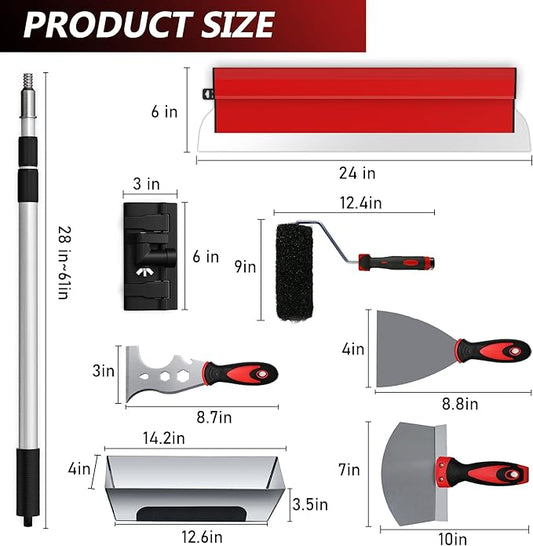 Ceeintee Drywall Skimming Blade Set, Include 24" Skimming Blade, 12" Mud Pan, 7" Drywall Compound Rollers, a Extension Handle and Three Drywall Tools for Drywall/Plaster/Wallboard