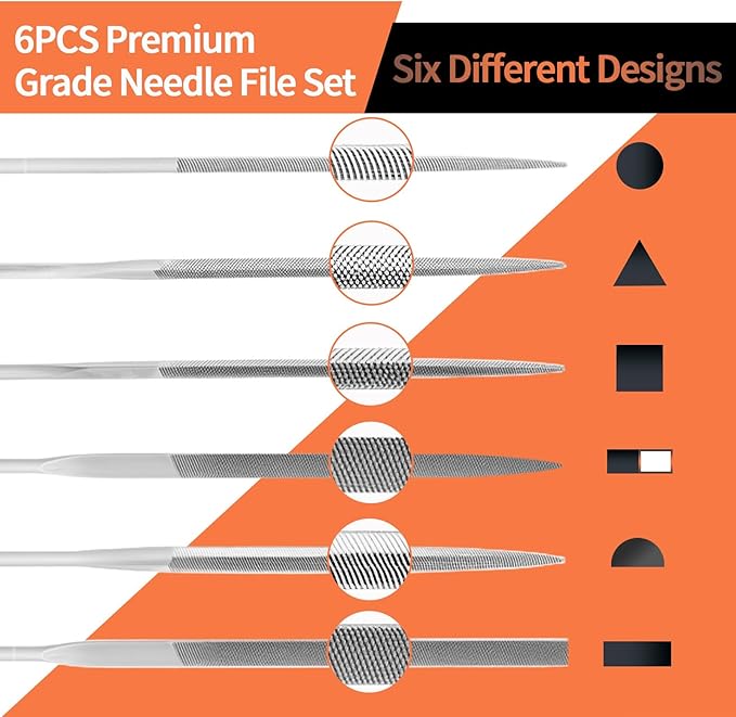 KUZURYU 6-Piece Metal Needle File Set - Hardened Alloy Steel Includes Flat, Warding, Square, Triangular, Round, and Half-Round Files