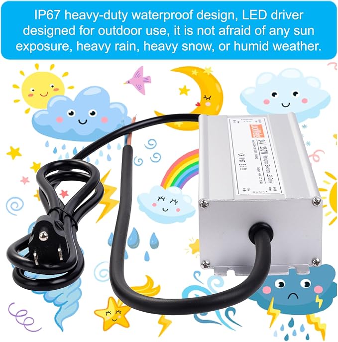 LED Driver 24V250W Waterproof Power Supply AC 90-130V to DC 24V10.4A Low-Voltage IP67 Transformer Suitable for Indoor Outdoor LED Strip Lights and Any 24V DC High-End Equipment