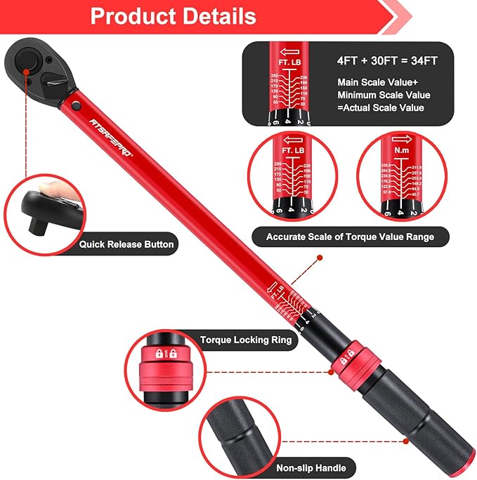 ATsafepro 1/2 Torque Wrench,1/2 Torque Wrench 30-250 Ft Lb(40.7-339.0 Nm) Dual scale,torque wrench 1/2 drive 250 ft-lb Pre-Calibrated Accuracy+-3% - Ideal for Automotive & Heavy Machinery Use