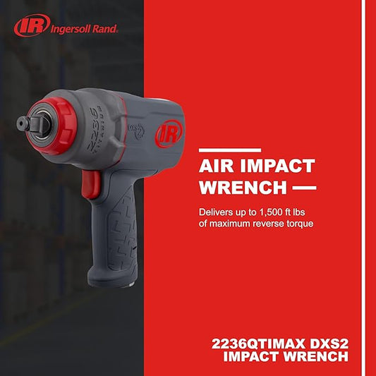 Ingersoll Rand 2236QTIMAX DXS2 1/2" Air Impact Wrench, Quiet, 1,500 ft-lb Torque, Titanium Hammer Case, Friction Ring Retainer, Pistol, Interchangeable Anvil, Multifunctional Tool (Pack of 5)