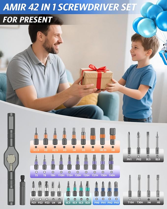 42 in 1 Magnetic Screwdriver Set, AMIR Ratchet Screwdriver Set for Christmas Gifts, DIY Repair Tool Kit with Magnetic Multi Bit, Rotatable T Handle for Furniture, Computer