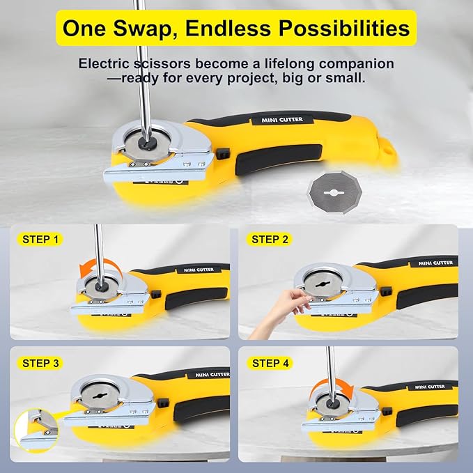 4V Cordless Electric Scissors Carpet Cutter Tool with Rechargeable & Safety Lock, Rotary Blade for Recycling Cutting Leather, Blanket, Gifts for Men Adult Crafter,Lightweight-Yellow
