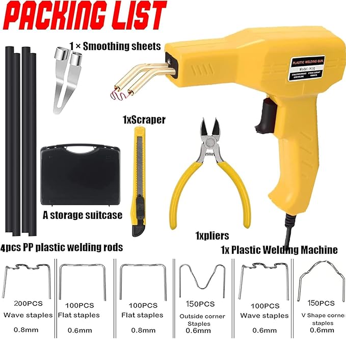 Plastic Welder,2 in 1 Plastic Welding Repair Kit with 1000pcs Hot Staples,4pcs Plastics Welding Rods,knife,Plier, Hot Staples Weld Gun Repair Kit for Car Bumper And Most Plastics (Yellow)
