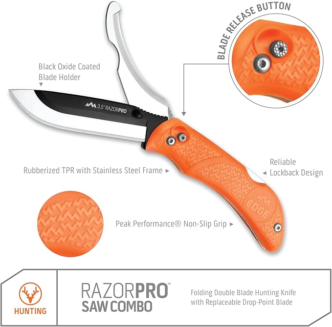 OUTDOOR EDGE RazorPro Double Blade Hunting Knife with Flip N??Zip Bone Saw ??Folding Knife with Gutting Blade & Replaceable RazorSafe Skinning Edge, Includes Camo Nylon Sheath