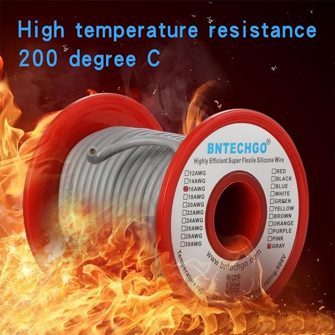 BNTECHGO 16 Gauge Silicone Wire Spool 50 ft Gray Flexible 16 AWG Stranded Tinned Copper Wire