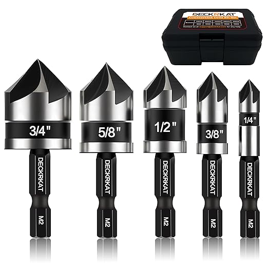 5 Pcs Countersink Drill Bit Set, Industrial Grade M2 High-Speed Steel, 82 Degree, 5 Flute with 1/4??Quick Change Hex Shank, 1/4" to 3/4" Size for Metal, Wood & Plastic - Includes Durable Case