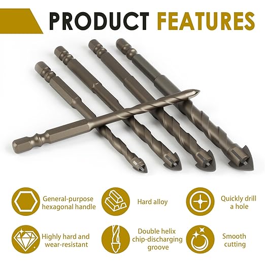 5pcs Four Blade Serrated Eccentric Drill Bit Set - 4 Sizes (6/8/10/12mm) - High-Strength for Stone, Glass, Wood, Brick, Metal, Ideal for DIY & Professional Projects