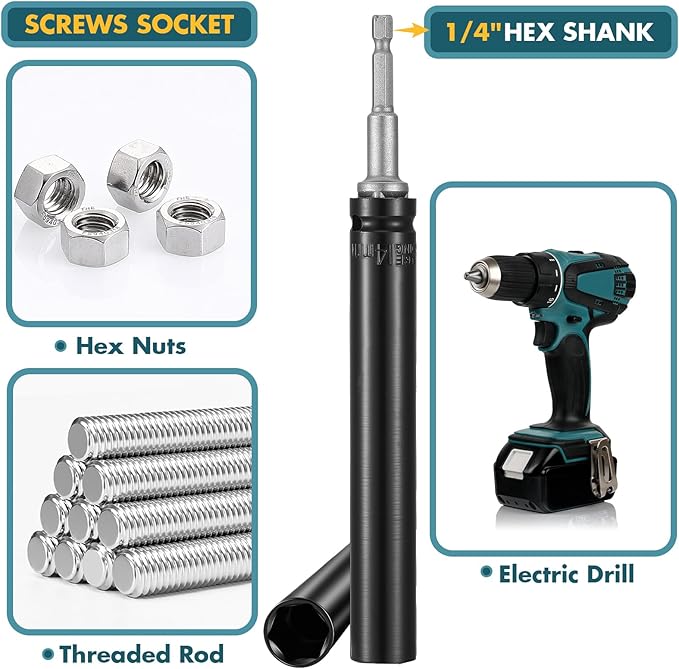 Blulu 9/16"(14mm) Power Nut Driver, Nut Runner Hollow Socket with 1/4" Hex Shank, Fit Long Bolts and Ductwork for Overhead Fastening Applications Operations(1 Pack,6 Inch)