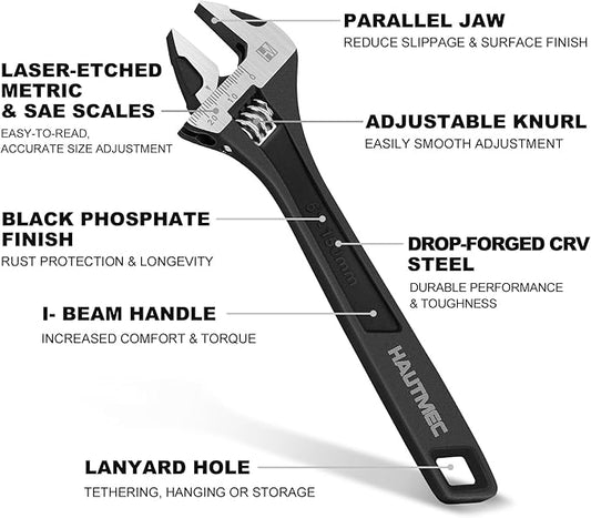 HAUTMEC 6 inch Adjustable Wrench Extra Wide Jaw Black Finish Adjustable Wrenches Drop-Forged CR-V Steel Metric & SAE Scales for Home Garage Workshop DIY