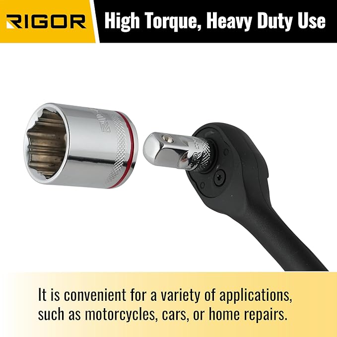 RIGOR 27015 Max-Grip Non-Slip Standard Socket Set, 11-Piece | Anti-Slip Chrome Vanadium Sockets | 1/4-Inch Drive, 6 Point, SAE | Include Durable Plastic Socket Rail.