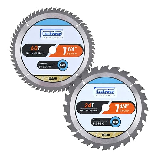 Luckyway 7-1/4 Inch Circular Saw Blade 24T Framing & 60T Fine Finish with 5/8 Inch Arbor, TCT (Tungsten Carbide Tipped) Saw Blade for Wood Cutting 2-Pack