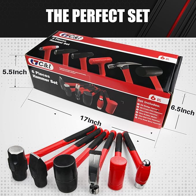 C&T 6-Piece Hammer Set, Fiberglass Handle & Mallet Set, Metal Working | Garage Home Kit | Mechanic Tools | Sledge Hammer | blacksmith Hammer | Ball Peen Hammers | Hand Tools
