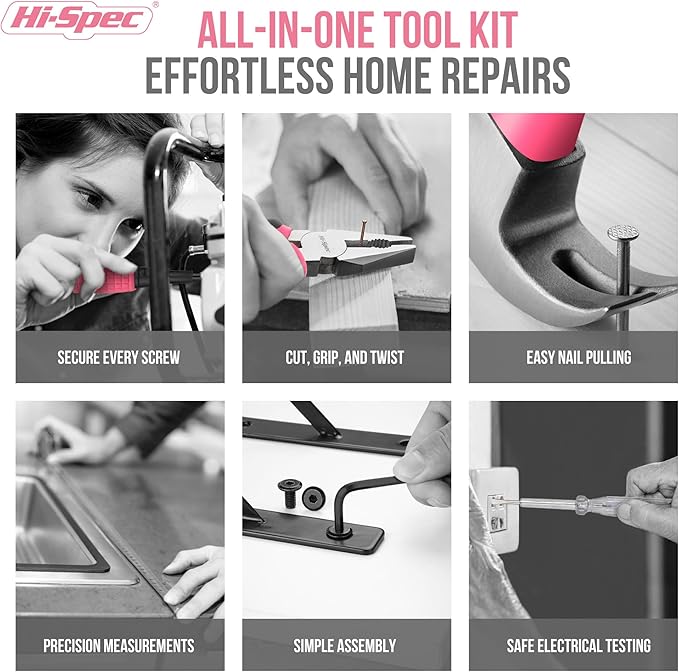 Hi-Spec Mini Tool Kit: Pink Basic Tool Box for College/Dorm, Home & Office DIY. Household Basic Repairs in a Portable Case