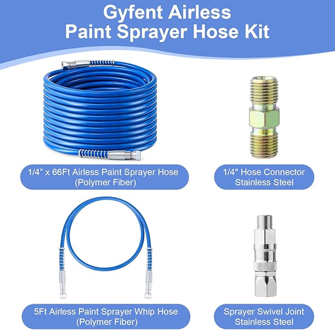 66Ft x 1/4" Airless Paint Sprayer Hose, 8500PSI High Pressure Airless Paint Spray Hose with 5Ft Whip Hose & 1/4" Hose Connector & Sprayer Swivel Joint for Airless Spraying Machine