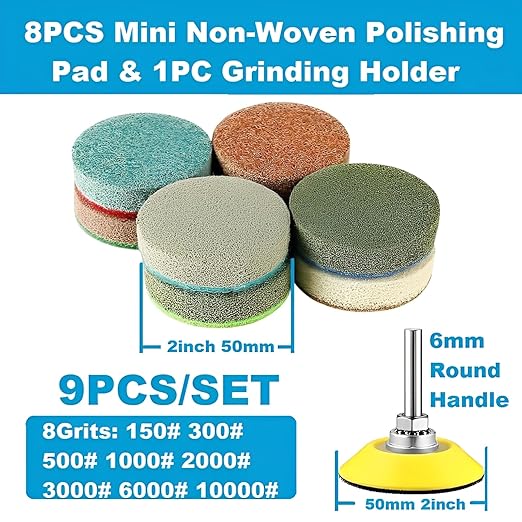 2inch 50mm Mini Non-Woven Polishing Pad, 8 Different Grit 150#-10000# Sanding Discs & 6mm Round Handle Hook & Loop Backing Holder for Detail Fine Grinding Buffing (9Pcs/Set)