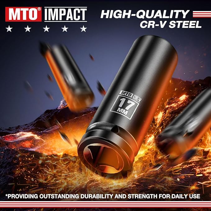 MTO 1/2" Drive 17mm Deep Impact Socket, 6-Point Metric Socket for Automotive Maintaince, CR-V Steel Meets ANSI Standards