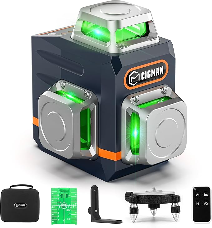 CIGMAN Laser Level Self Leveling 3x360째 3D Green Cross Line for Construction and Picture Hanging, Rechargeable battery, Remote Controller, Magnetic Rotating Stand Included