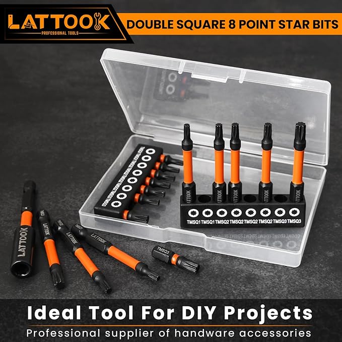 Double Square 8 Point Star Bit Set, LATTOOK 17PCS 8 Point Torx Bits 2 Square Drive Bits, Magnetic S2 Steel Torx Bit Set, 2.3'' & 1'' Long, #1, #2, #3