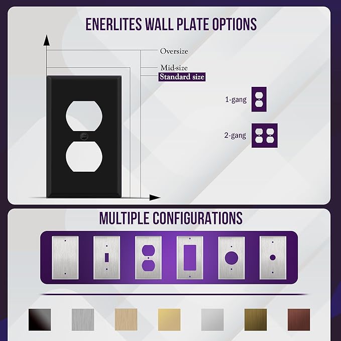 ENERLITES Duplex Receptacle Metal Wall Plate, Outlet Cover, Corrosion Resistant, Standard Size 1-Gang 4.50" x 2.76", Powder Coated Stamped Steel, 7721-BM, Black Matte