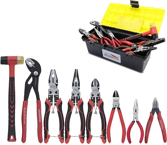 8-Piece Tool Set with Case Including 10??Groove Joint Pliers, 8.3??Long Nose, 8.3??Linesman, 7.5??Diagonal, 6??Flush Cutter, 5??Long Nose, 5??170 Cutter, 25mm Rubber Mallet for DIY & Home Use