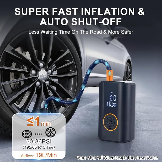 Tire Inflator Portable Air Compressor, 150 PSI Cordless Air Pump for Car Tires with Digital Pressure Gauge, LED Light and Auto Shut Off Function, Bike Pump for Car, Motorcycle, Bicycle, Ball, Black