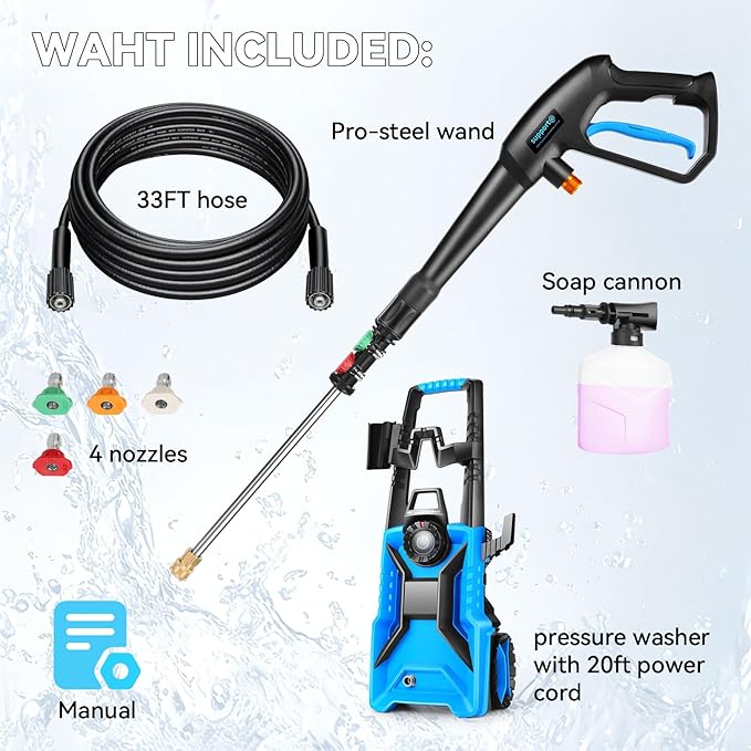 5000 PSI Adjustable Electric Pressure Washer, 2025 New Power Washer Pressure Adjustable (2500PSI-5000PSI) with 33ft Pressure Hose, 4 Nozzle and Detergent Tank for Cars, Upgraded Blue