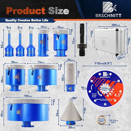 Diamond Core Drill Bit Set - BRSCHNITT Tile Hole Saw Kit 1/4 * 2" 5/16" 1" 1-3/8"2" 3" 4"& 4/5" Finger Bit & 2" Chamfer Bit for Porcelain Tile Ceramic Marble Granite Diamond Blade